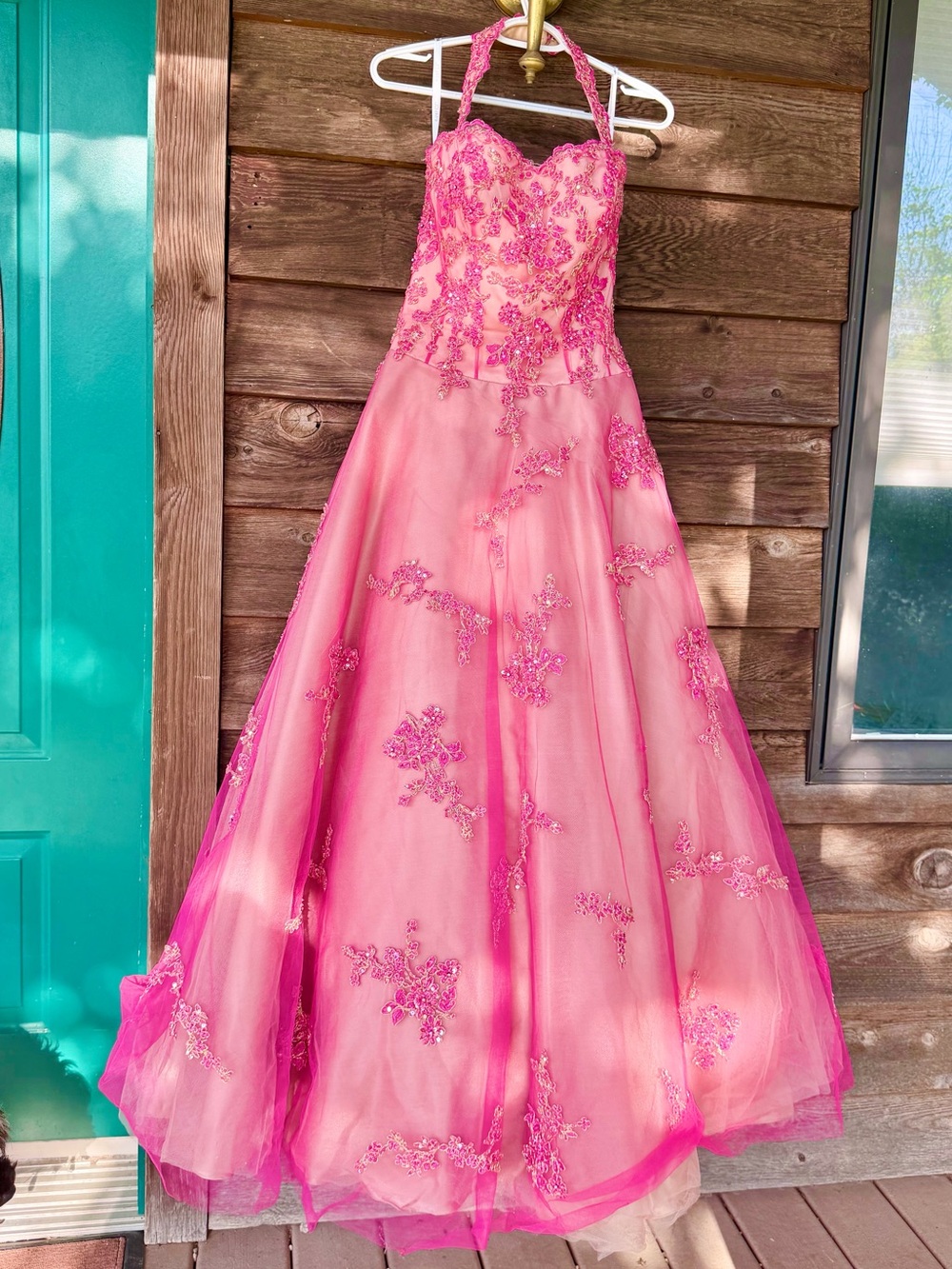 JOVANI Pink Halter Tulle Prom Dress Ball Gown A-Line Floral Lace Applique Sz 6
